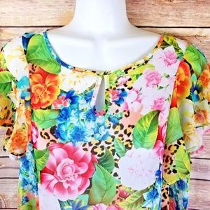 Animal Print Floral Chiffon Blouse M Flutter